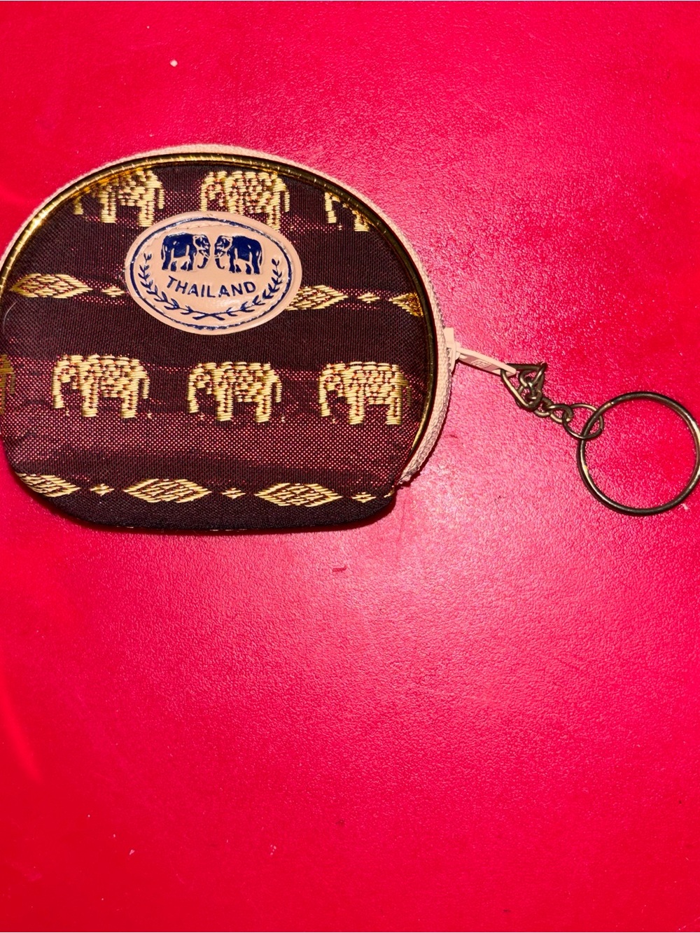 Thailand Elephant Pattern Coin Purse Keychain - Brown & Gold
